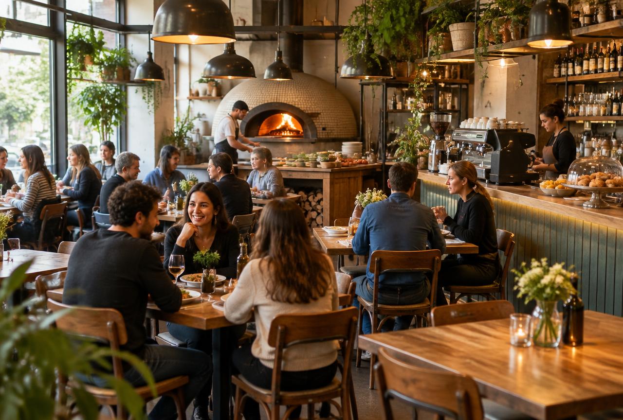 Inside Bellevue Café with its wood-fired oven